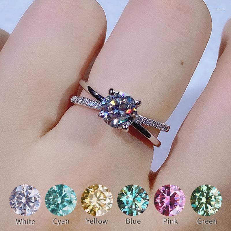 

Cluster Rings Luxury 1CT Moissanite Ring For Women Blue Green Pink Red Yellow 6.5mm DF Color VVS Diamond 18K White Gold Plated S925 Silver