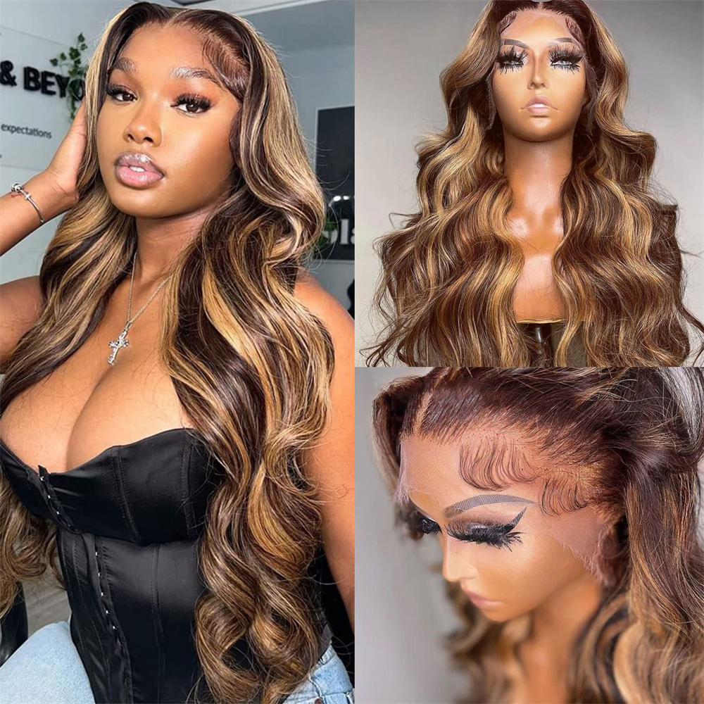 

New Design 13x4 Lace Front Body Wave Wig Human Hair Honey Blonde Highlight Colored Brazilian 28 Inch Lace Frontal Wig for Women Free Ship, Brown