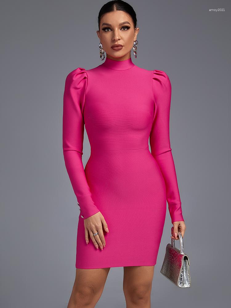 

Casual Dresses Bandage Dress 2023 Women's Pink Bodycon Elegant Sexy Long Sleeve Evening Club Party High Quality Summer Fashion