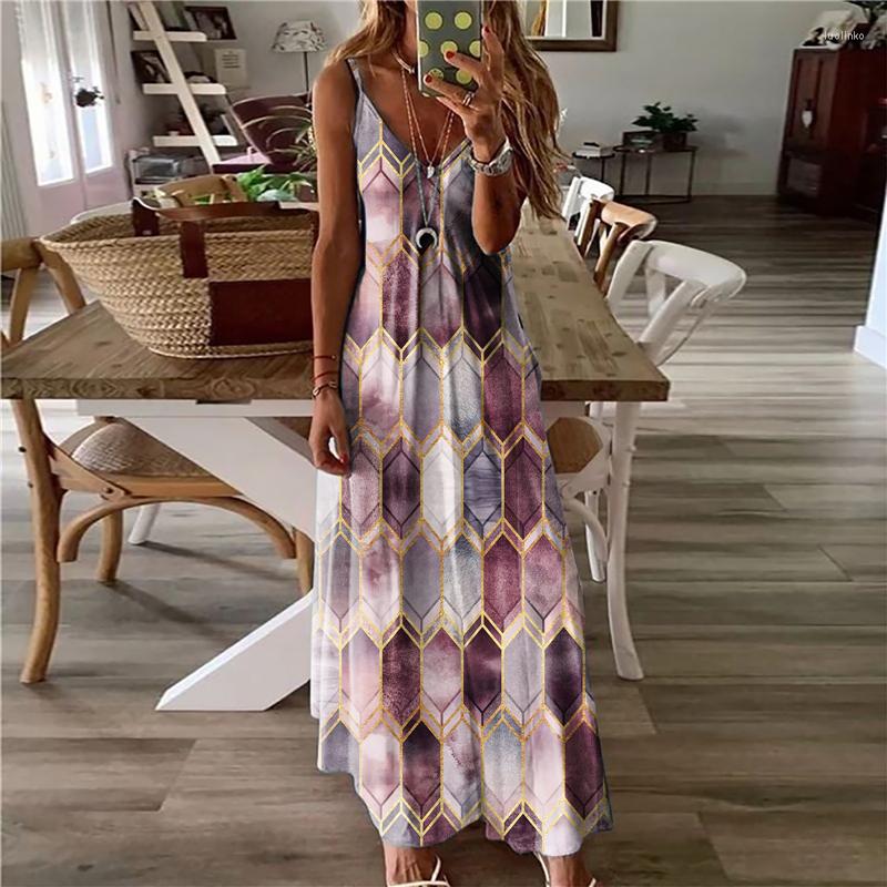 

Casual Dresses Women Camisole Sleeveless Long Summer Geometric Print V-Neck Maxi Dress Female Sexy A-Line Party Vestidos, Green