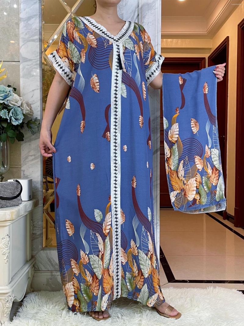 

Ethnic Clothing 2023Casual Pattern Cotton Women's Summer Short Sleeve Dresses With Scarfs African Dashiki Lady Robe Loose Kaftan