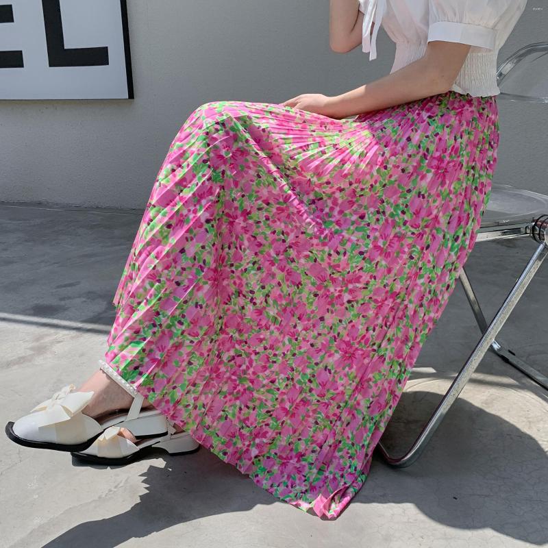 

Skirts 2023 Spring Summer Women High Waist Slim Long Skirt Korean Style Sweet Rose Red Floral Chiffon Pleated Streetwear, Picture color