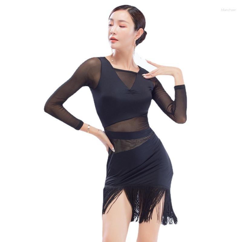 

Stage Wear Women Tassel Latin Dance Training Clothing Sexy Mesh Long Sleeve Ballroom Dress Tango Modern Rumba Performance Dancewear 3XL, Sleeveless dress