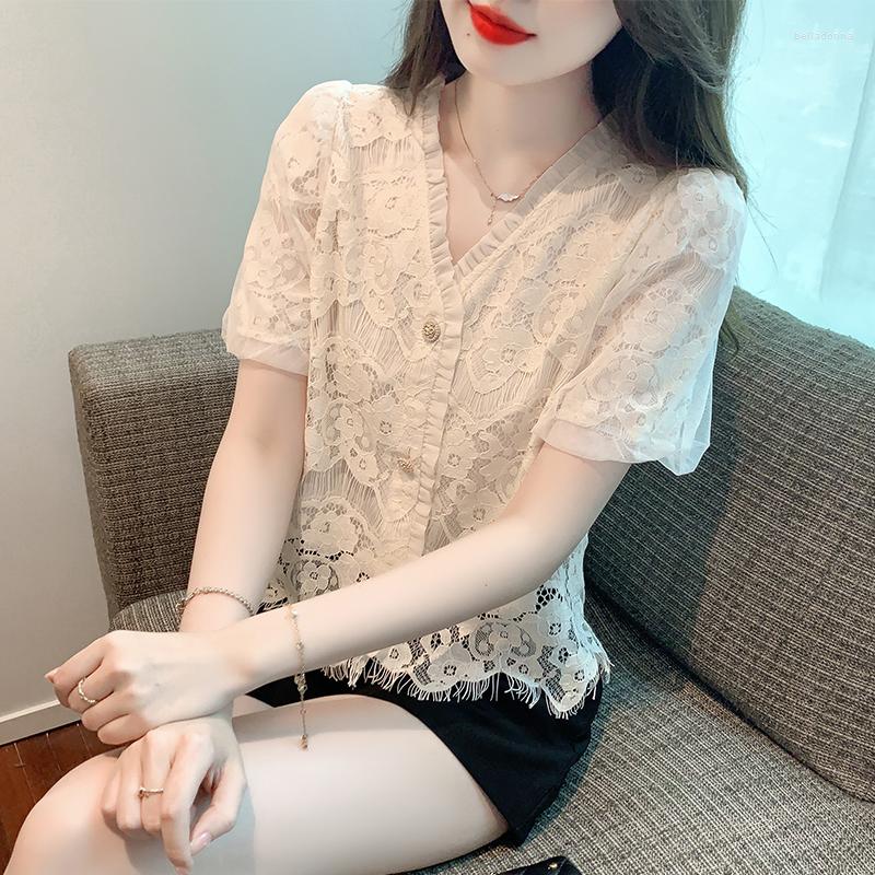 

Women' Blouses Summer Women' Short Sleeved Ruffled V-neck Solid Cut Out Lace Shirt Blouse Women Tops Vetement Femme Chic Elegant C448, Beige