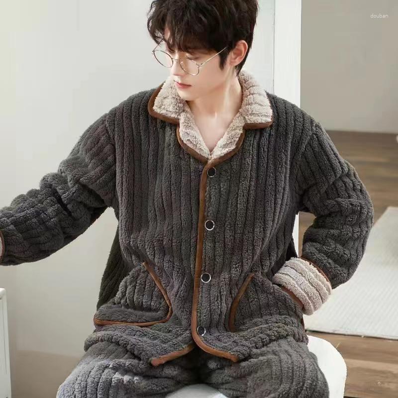 

Men's Sleepwear Men's Pajama Sets Winter Warm Thick 2 Piece Set Flannel Loose Long Sleeve Solid Color Homewear Homeclothes, Color3