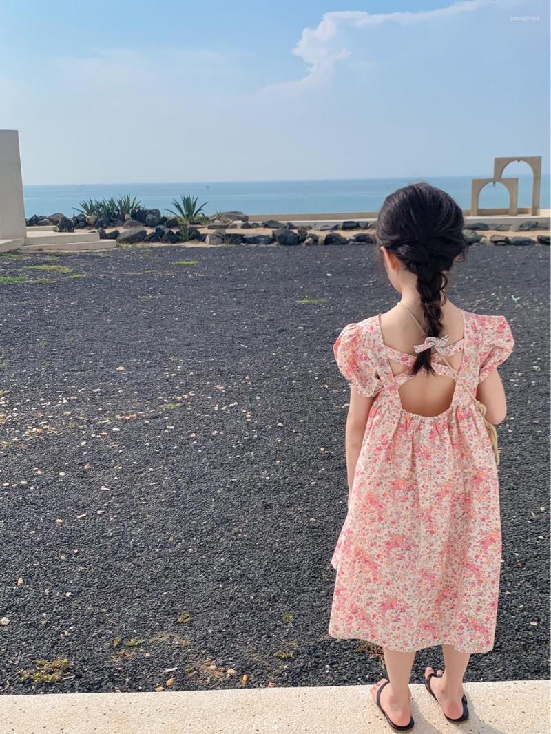

Girl Dresses 2023 Summer Princess A-line Knee Length O-neck Collar Puff Sleeve Pullover Print Floral Sweet Lovely Fashion Designable, Pink
