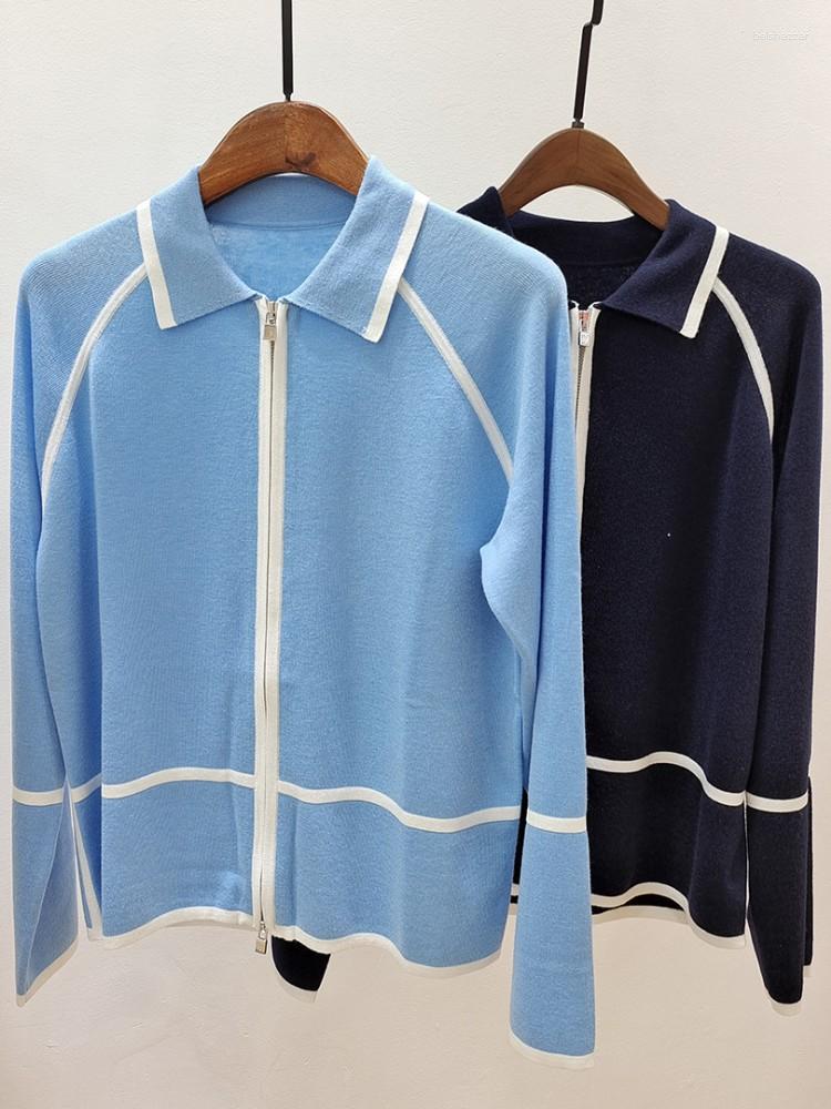 

Women's Knits Autumn Women Knitted Cardigan Soft Turn-down Collar Colorful Striped Long-sleeved Lady Jacket Casual Female Zipper Coat, Blue