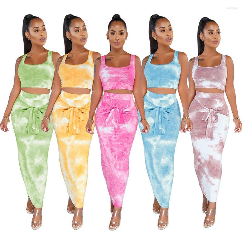 

Work Dresses Women Tie-dye Two Piece Set Sexy Vest Crop Top And Long Skirt Bandage Bow 2 Suit Ladies Party Club Tank Midi, Sky blue