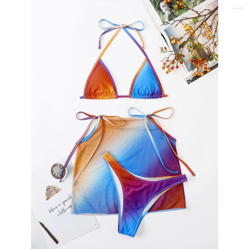 

Women' Swimwear Three Piece Swimsuit Women 2023 Blue Orange Gradient Bikini High Waist Beach Skirt Bathing Suit Triangle Cup Suspender, Gradient color