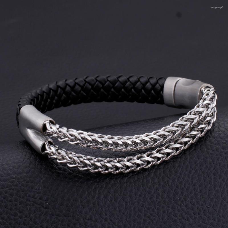 

Charm Bracelets HaoYi Trendy Men's Braided Leather Bracelet Double Layer Stainless Steel Chain Accessories Punk Jewelry