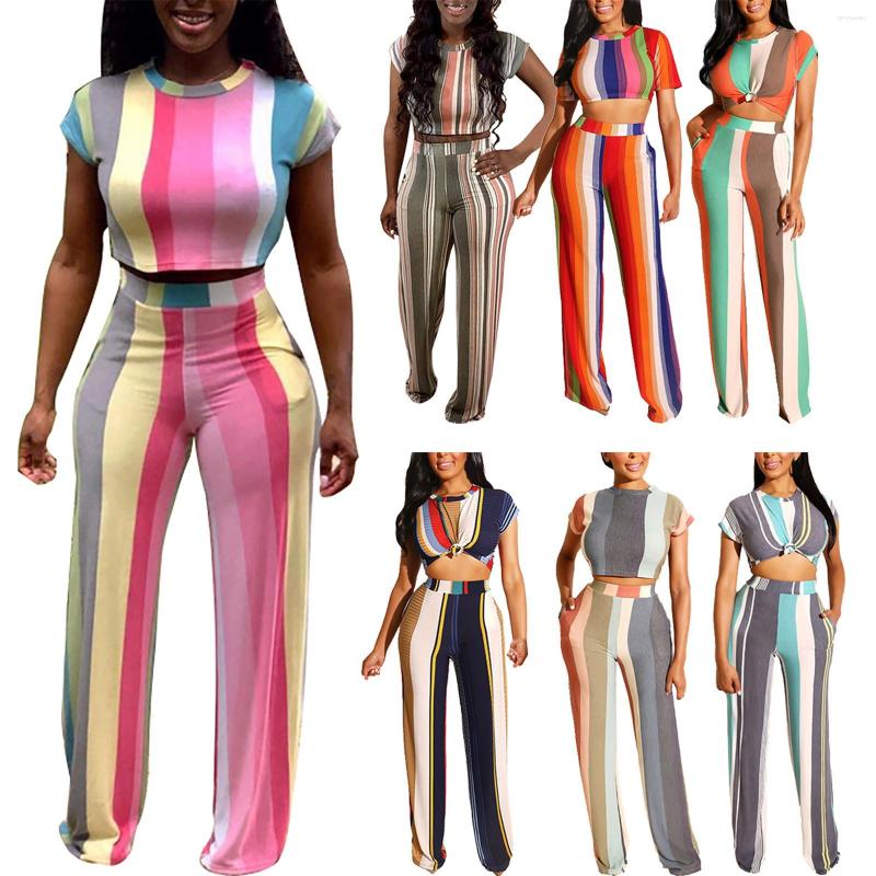 

Gym Clothing Striped Print Tight T Shirt Straight Pants Button Sexy Two Piece Suit Paints For Women Light Dress, Blue