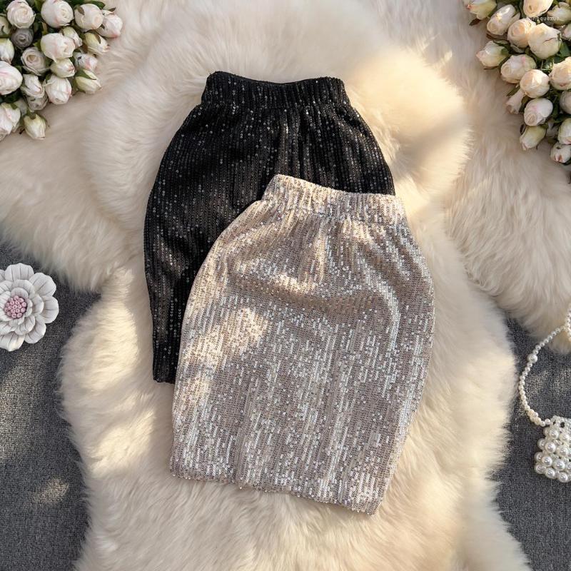 

Skirts Women Chic Sequin High Waist Sexy Skirt Party Fashion Vintage Hip Wrap Summer Clothing, Champagne