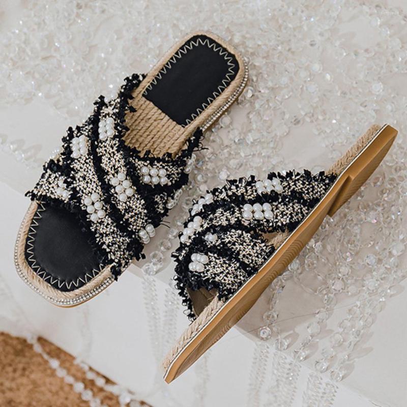 

Slippers Fashion Pearl Cross Band Women Slide Sandals Beach Rope Slides Summer Flip Flops Straw Straps Shoes Female Large Size Qt51, Black