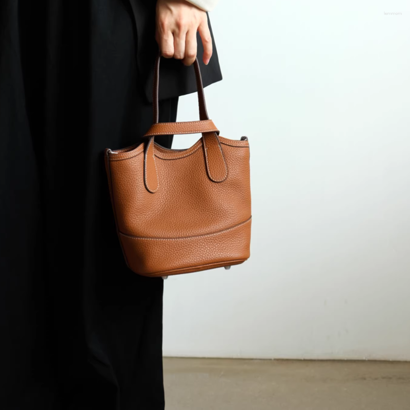 

Evening Bags Black Fashion Simple Genuine Leather Women Bucket Bag Real Cowhide Lady Tote Shoulder Crossbody High Capacity, Brown