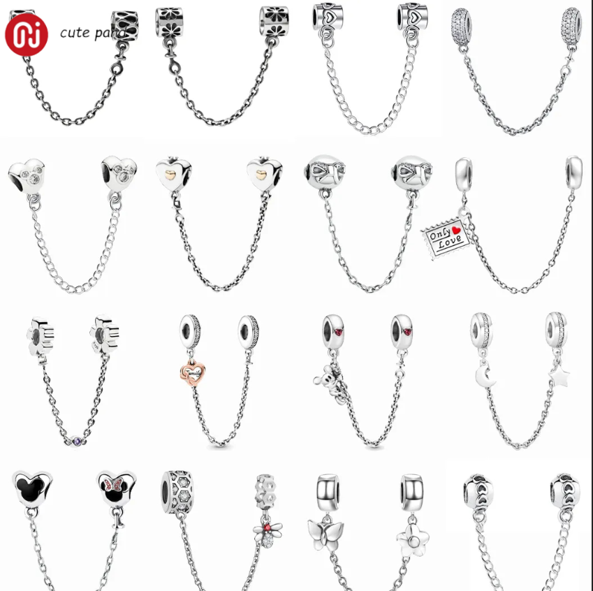 

925 silver beads charms fit pandora charm 26 Types Safety Chain charm set Pendant DIY Fine Bead Jewelry