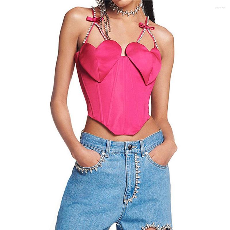 

Women's Tanks Soolasea 2023 Summer Heart Diamond Chain Spaghetti Strap Women Crop Tops Fishbone Stain Sexy Party Club Pink Y2k Female, Rose red