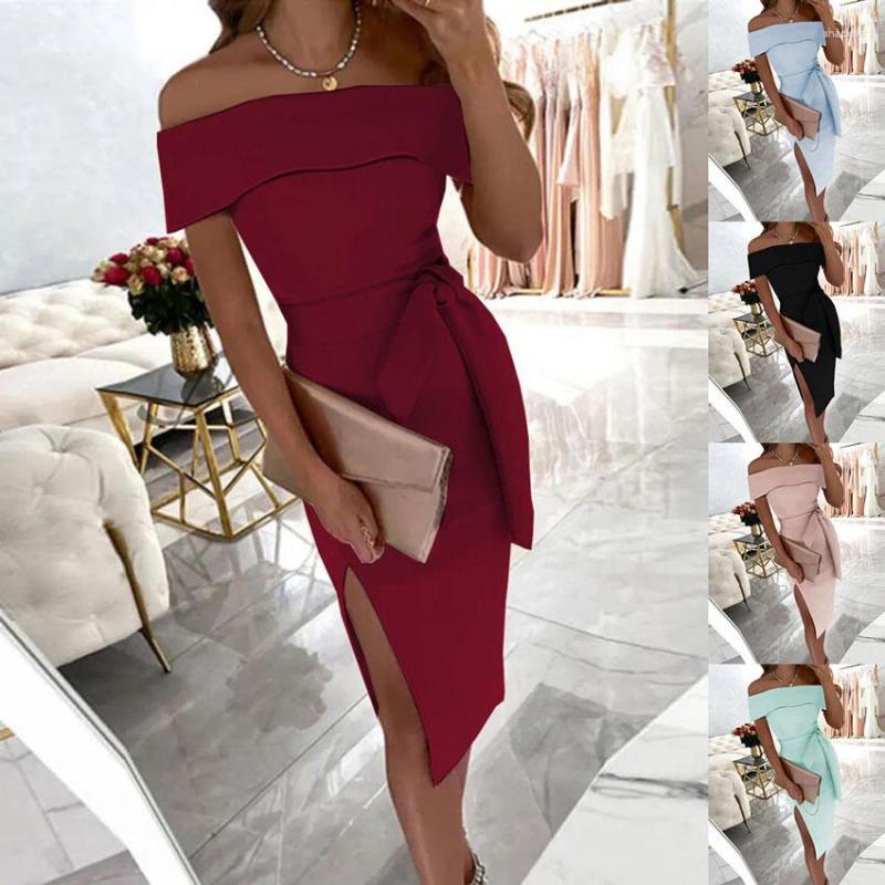 

Casual Dresses Fashion Women's Slash Neck High Side Off Shouder Solid Split Dress Evening Party Lace Up Clothes Robe Femme Wedding Long, Blue