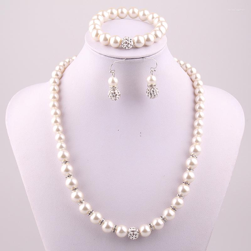 

Necklace Earrings Set 10mm Crystal Pave Ball Cream Glass Pearl Bracelet Earring Jewelry For Holiday Gift 3 Color, Picture shown