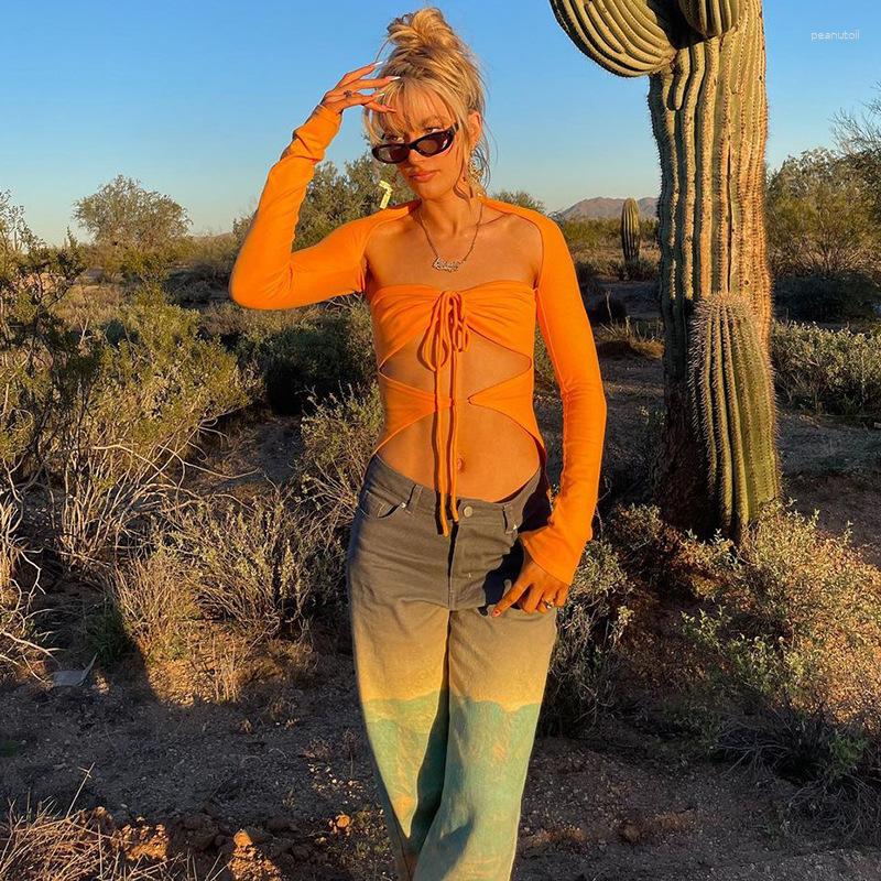 

Casual Dresses Streetwear Fashion 2023 Women T-shirt Hollow Out Design Clothes Suit Sexy Crop Top Blouse Spring Summer Bodysuit Tees Y2k, Orange