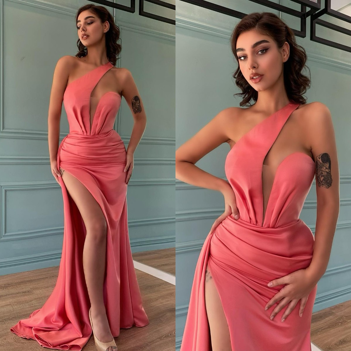 

Fashion Coral Pink Prom Dresses V Neck Evening Gowns Slit Pleats Formal Red Carpet Long Special Occasion Party dress, Same as picture