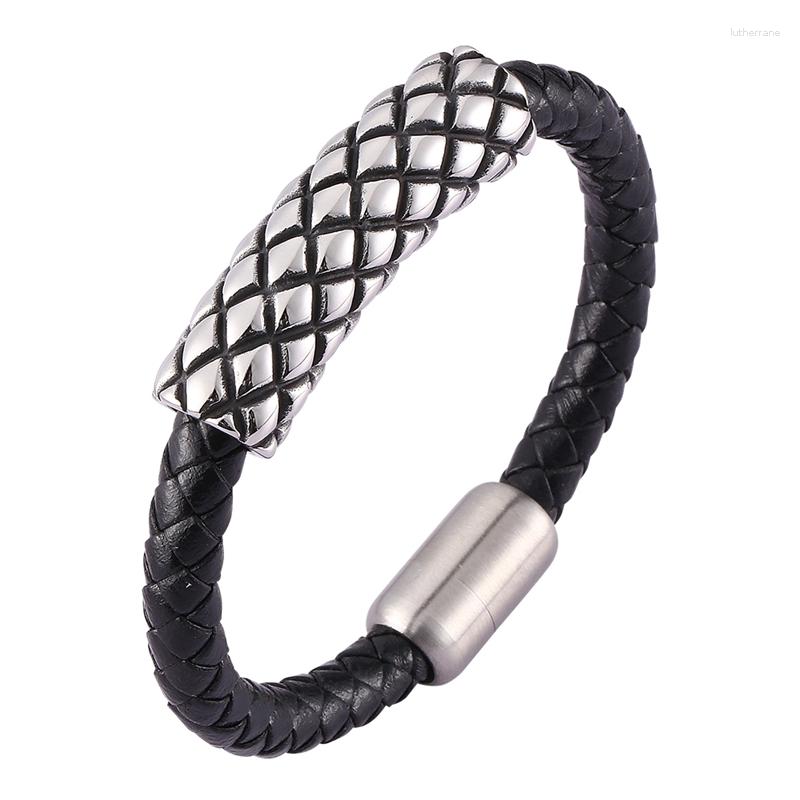 

Charm Bracelets Punk Black Braided Genuine Leather Rope Bracelet Male Stainless Steel Magnetic Buckle Bangle For Men Jewelry Vintage SP0482
