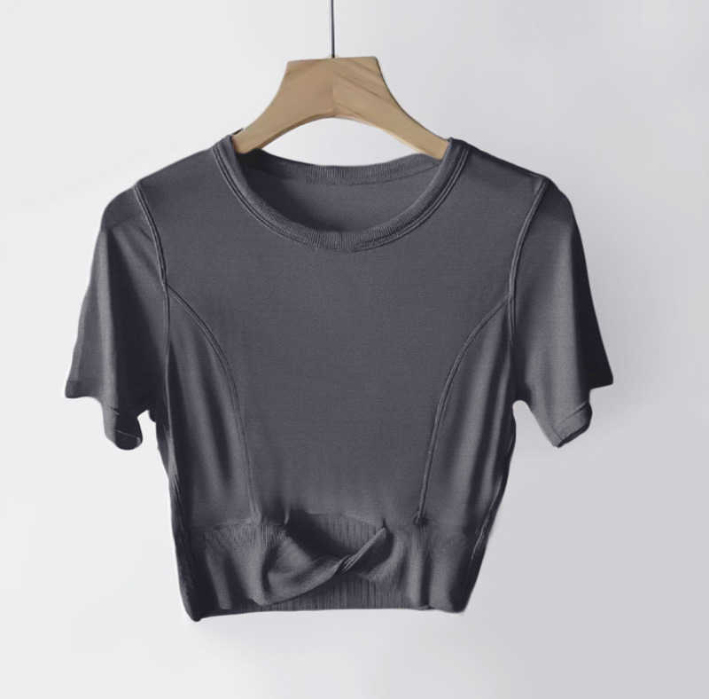 

LuLu Women Yoga Cropped Women's Modal T-shirt Ribbed Crop Top Short Sleeve Breathable Tight Sports Jogging, Black