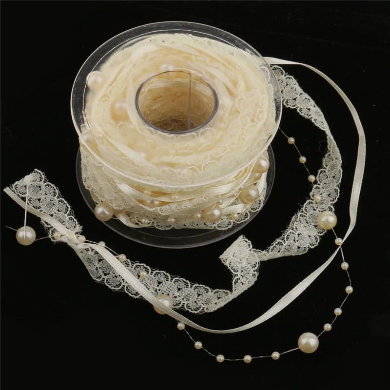 10M Artificial Bead Pearl Ribbon Decorative Chiffon Ribbon Organza Lace Ribbons Trims for Wedding Flower Christmas Tree Decoration Sewing Craft P-image-759731801