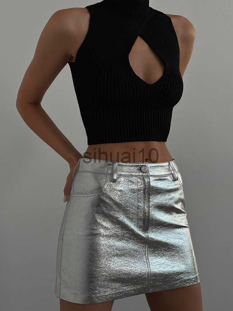 

Skirts Rockmore Silver PU Mini Skirts Office Ladies Sexy Leather Streetwear High Waist Hip Skirt Chic Fashion Elegant French Style J230621