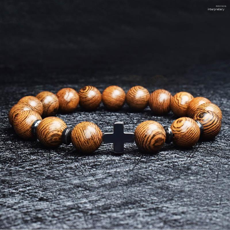 

Bangle High Sense Good Luck Christian Cross Bracelet Men Hand String Wooden Beads Frosted Stone Jewelry Bangles