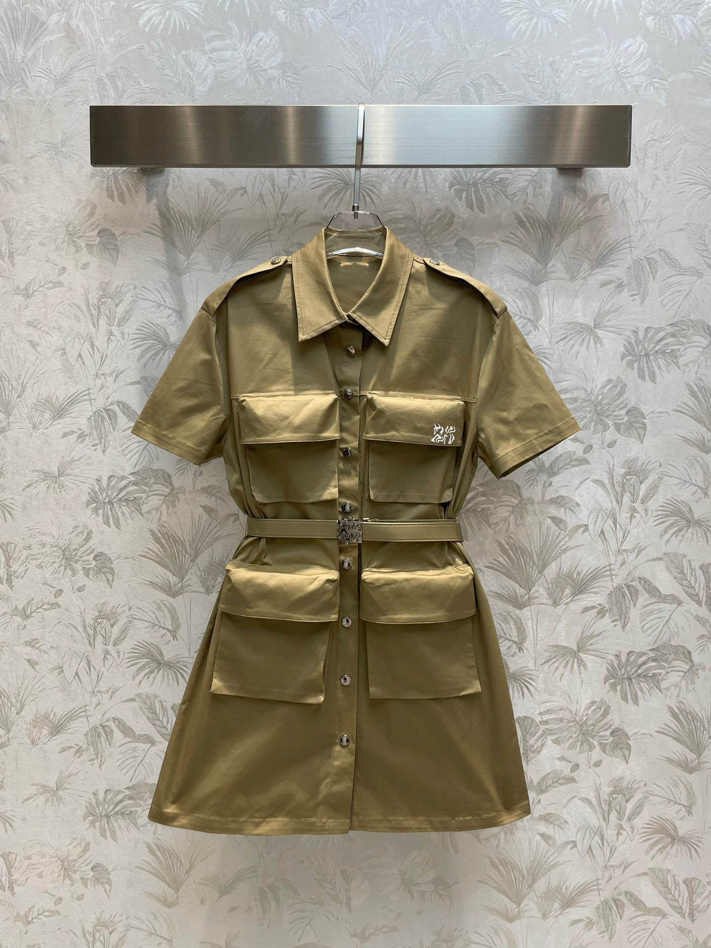 

2023 Casual 4 Pockets Dresses Fashion Woman Solid Elegant Turn Down Collar Dress With Belt Lady Short Sleeve Shirt Dress For Women, Gold