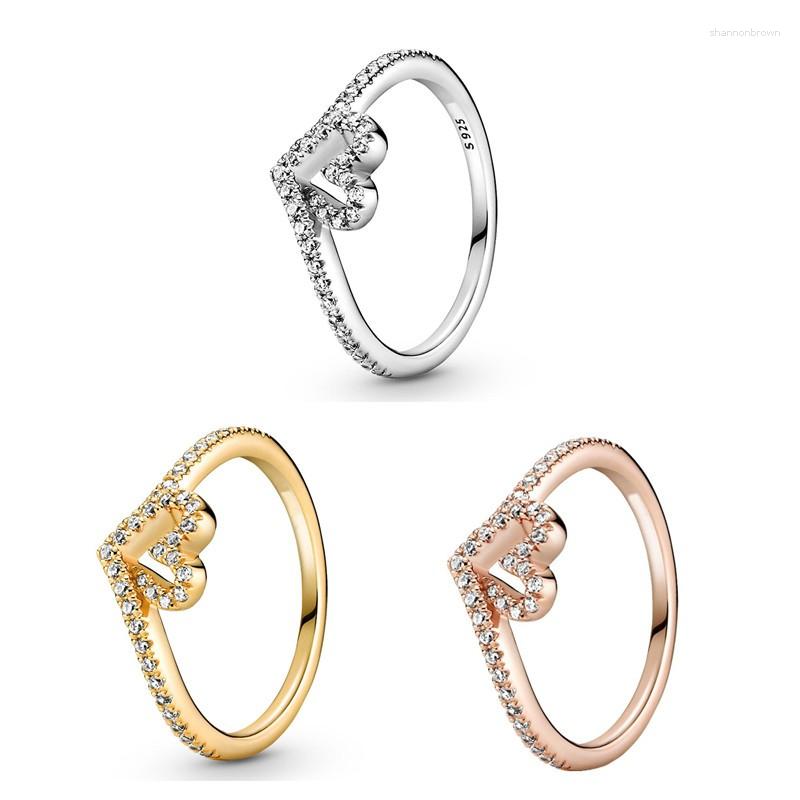 

Cluster Rings Original Wish Sparkling Wishbone Heart Ring For Women 925 Sterling Silver Wedding Gift Fashion Jewelry