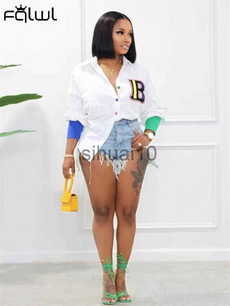 

Women's Blouses Shirts FQLWL Autumn Streetwear Patchwork Shirts For Women Long Sleeve Buttons Crop Tops Women 2022 Baggy White Pink Shirt Female J230621, Red