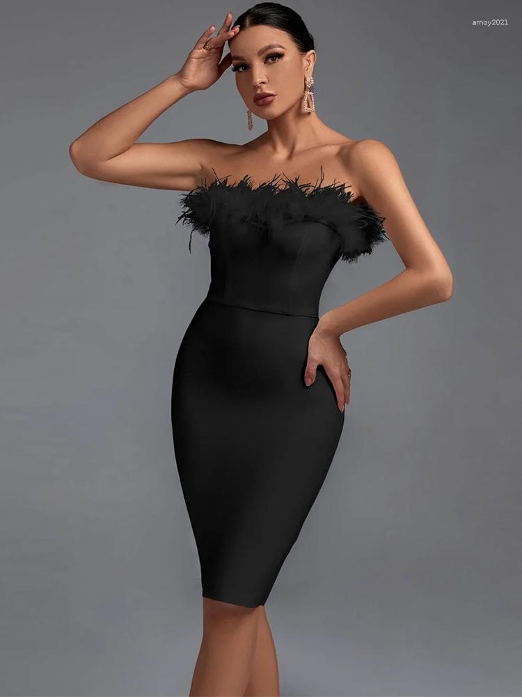 

Casual Dresses Feather Bandage Dress 2023 Women Black Bodycon Elegant Sexy Strapless Evening Party Summer Club Outfits