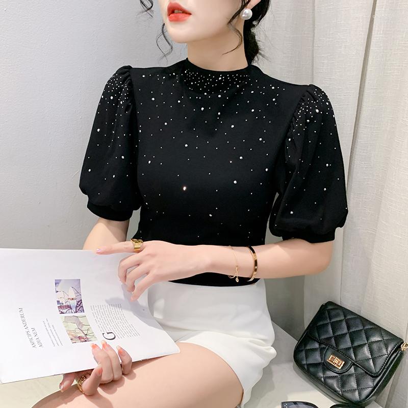 

Women's T Shirts 2023 Summer Korean Clothes Cotton Loose T-Shirt Chic Sexy Stand Diamonds Women's Puff Sleeve Tops Drilling Tees 32353, White