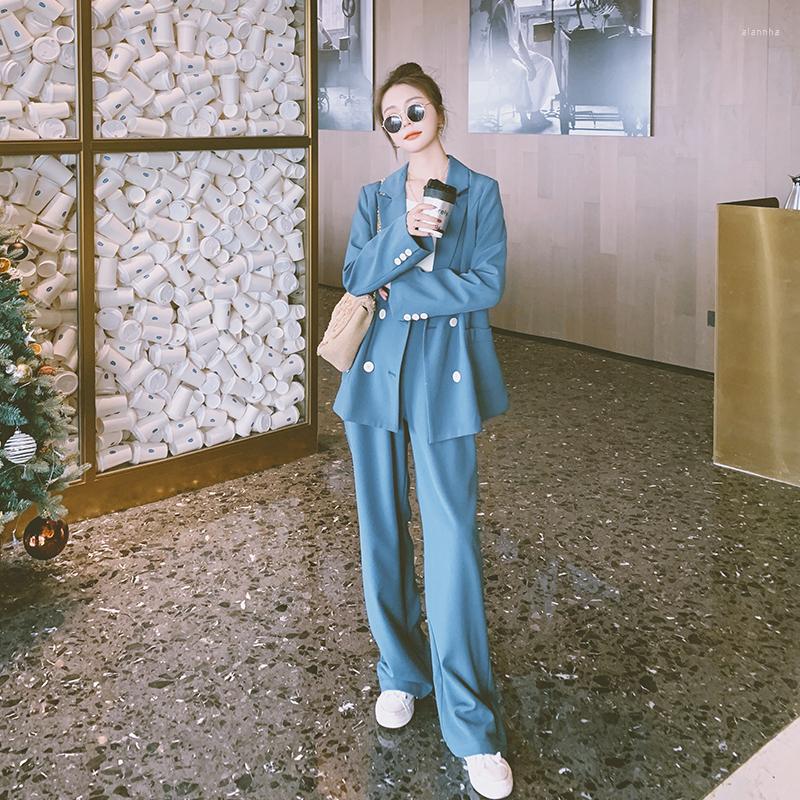 

Women' Two Piece Pants Blazer And 2 Set Women Blue Purple Suits Fashion Elegant Korean Double Breasted Loose Suit Coat Wide Leg M008