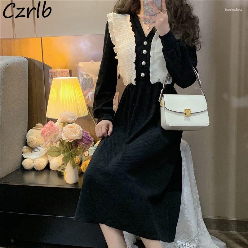 

Casual Dresses Dress Women Stylish Daily V-Neck College Patchwork Long Sleeve Ulzzang Sweet Girls High Waist Est Vacation Party Chic, Beige