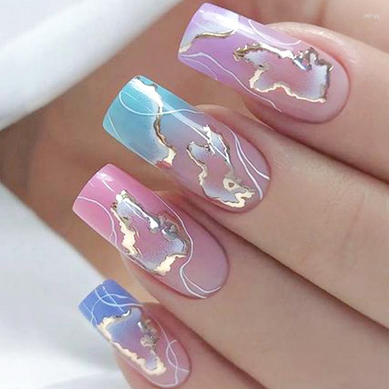 

False Nails 24Pcs Colourful Clouds Short Ballet Coffin With French Design Wearable Fake Artificial Press On Nail Tips Art, 186