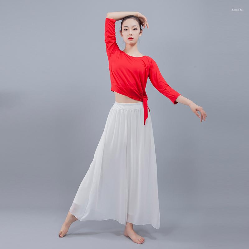 

Stage Wear Elegant Trousers Chiffon Wide Leg Pants Modern Dance Classical Women Latin Yoga Lady Culottes Costumes, Black