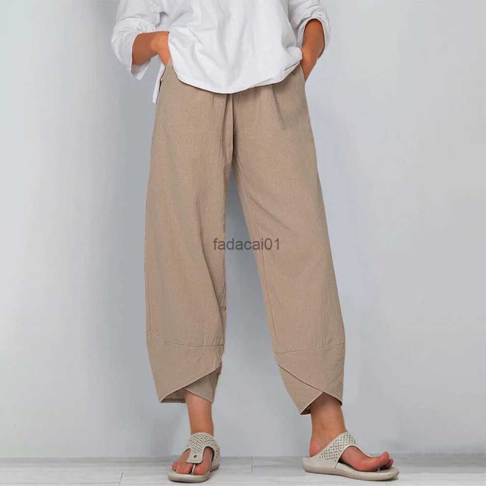 

S5XL Size Women Harem Pants Vintage Cotton Linen Elastic Waist Wide Leg Trouser Female Casual Solid Pockets Loose Cropped Pants L230621, Black a4