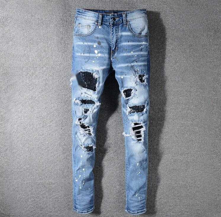 

Mens Ripped Rhinestone panelled Skinny Jeans Fashion Designer Distressed Slim Fit Motorcycle Biker Hole Beggar Hip Hop Denim Pants Stretchy fabric., Blue