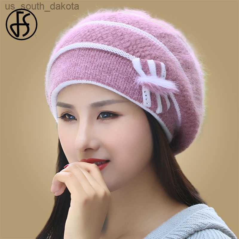 

FS Winter Hats For Women Beret Angora Knit Hat Warm Flower Bow Fashion Double Layers Thermal Snow Caps Berets Femme Hiver L230523, White