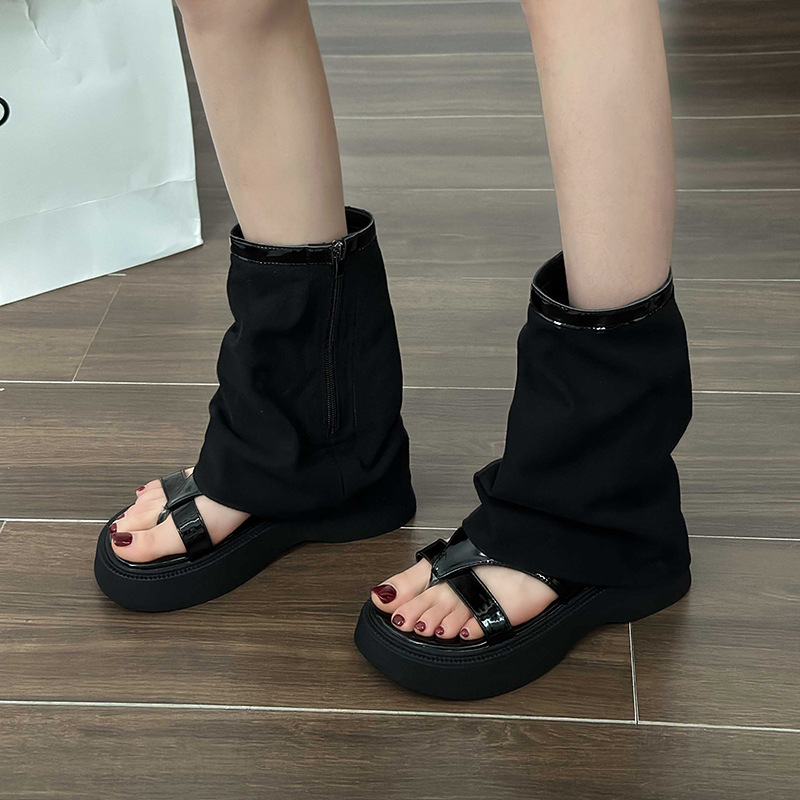 

Hot Girl Pinch Toe Sandals Summer Vintage Thick Soled Sandals Boots, Black