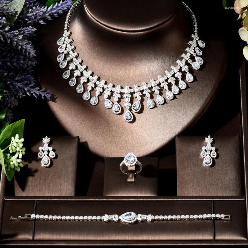 

Necklace Earrings Set Fashion Classic Zirconia Wedding Water Drop 4 Pcs Earring For Women Anniversary Party Show Bijoux N-81, Picture shown
