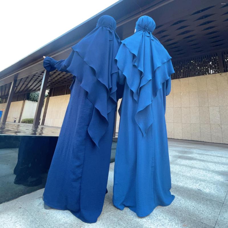 

Ethnic Clothing Two Layers Hijab Long Khimar Ramadan Muslim Women Veil Headcover Scarf Dubai Turkish Headdress Crepe Abaya Niqab Prayer