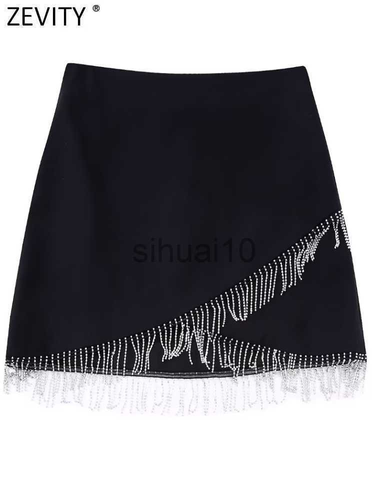 

Skirts Zevity Women Fashion Hem Diamond Tassel Patchwork Asymmetrical Mini Skirt Faldas Mujer Female Chic Side Zipper Vestidos QUN2510 J230621, Bb qun2510