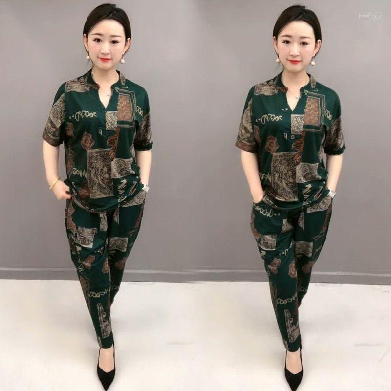 

Women's Tracksuits Women's Fashion Suit 2023 Summer Loose Korean Style Casual Plus Size Clothing Short Sleeve Tops Pants Two Piece Set, Green