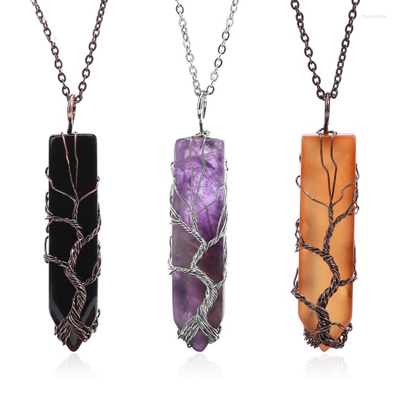 

Pendant Necklaces Vintage Sword Shaped Natural Crystal Rose Quartz Opal Wire Wrap Tree Of Life Reiki Healing For Women Men Charm
