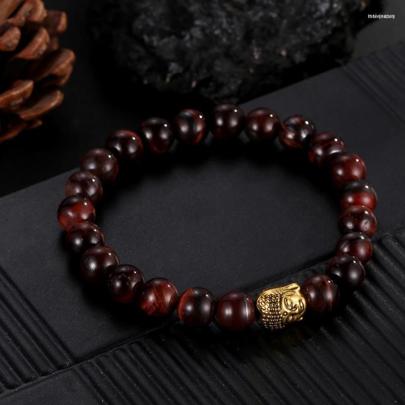 

Strand Style 8mmTop Class Blue Red Tiger Eye Elastic Beads Bracelet Bangle Buddha Head Women Men Statement Jewelry Gift