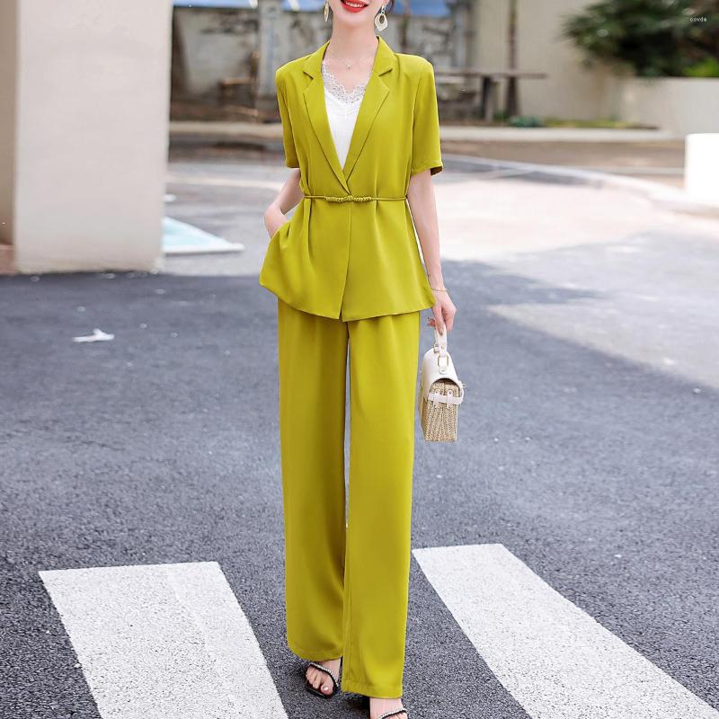 

Women's Two Piece Pants Casual Office Lady Women's Set Short Sleeve Blazer Jackets Tops And Wide Leg Suit Elegant Summer Outfits, Black