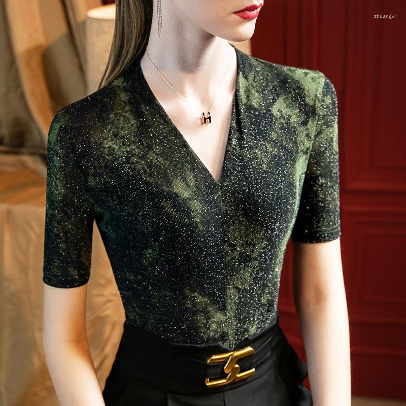 

Stage Wear X169 Lady Short Sleeve Blouse Women's National Standard Modern Ballroom Dance V-neck Rumba Shirt Silk Screen Latin Top, Dark green